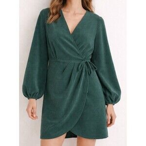 Simplee Dress NEW Women's XL Faux Wrap Green Soft Corduroy Look Fabric Lagenlook